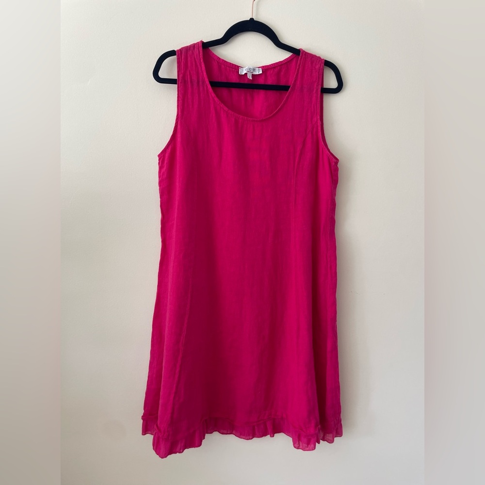 100% Linen Pink Tropical Coastal Boho Beach Resort Vacation Shift Dress Large
